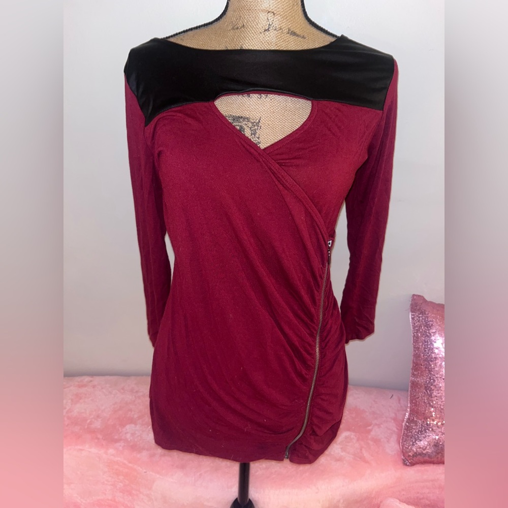 Guess Burgundy and Leather Cutout Long Sleeve Top Large